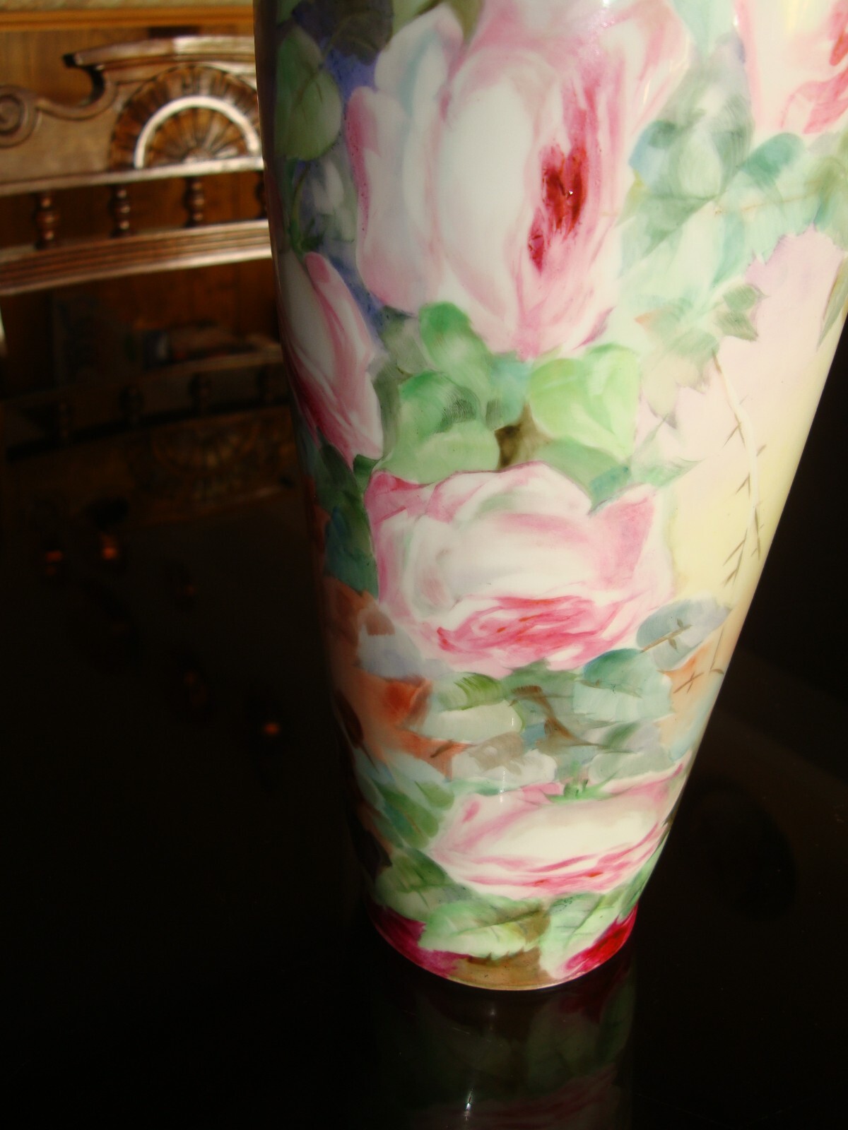ANTIQUE HOHENZOLLERN GERMANY LARGE 14" HAND PAINTED PORCELAIN VASE, PINK ROSES