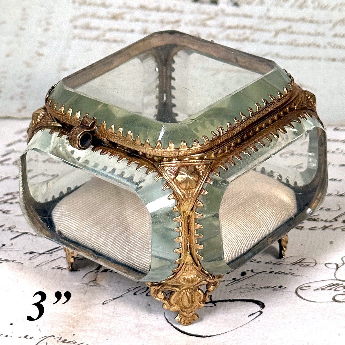 Antique Napoleon III Jewelry Casket, Miniature Vitrine Box, Thick Beveled Glass