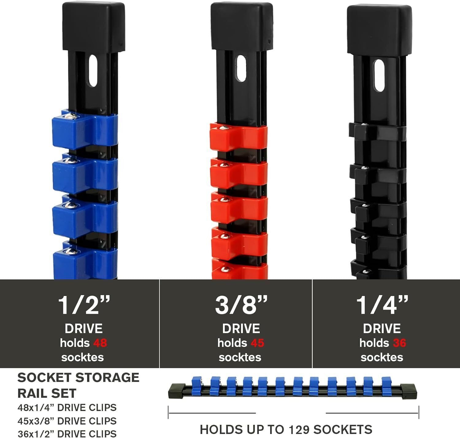 9PC ABS Socket Organizer 1/2 3/8 1/4 inch Drive Socket Rail Holders Wall Mount