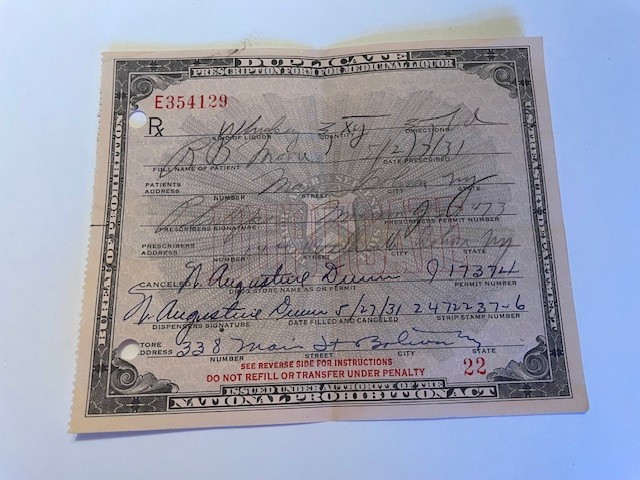 Early 1930's Prohibition Prescription for Medicinal Liquor - Quantity 1