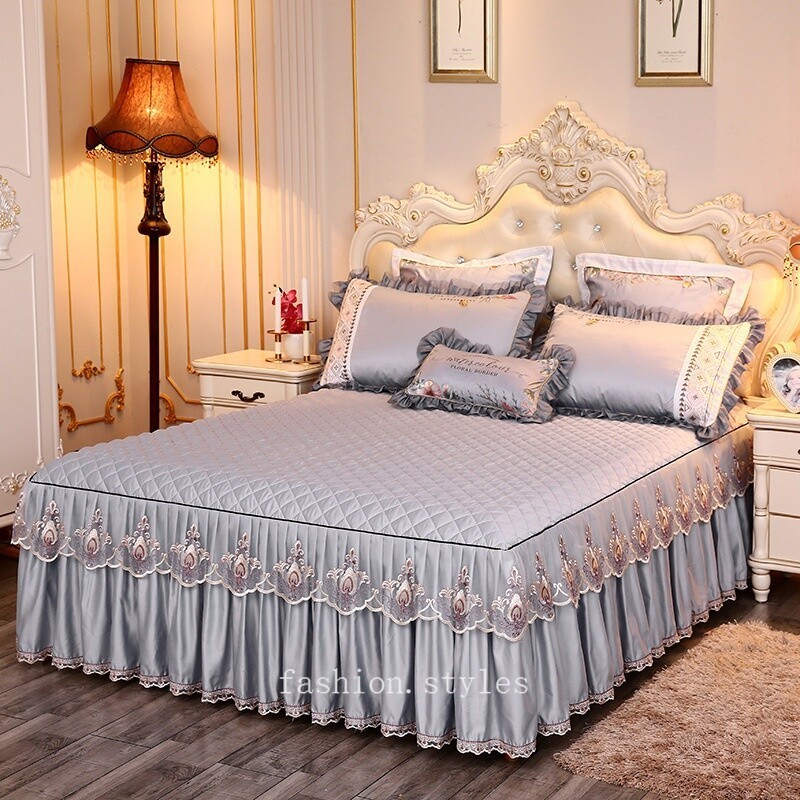 Princess Quilted Bed Skirt Lace Ruffle Bedcover Cotton Bedspread Sheet Bedding