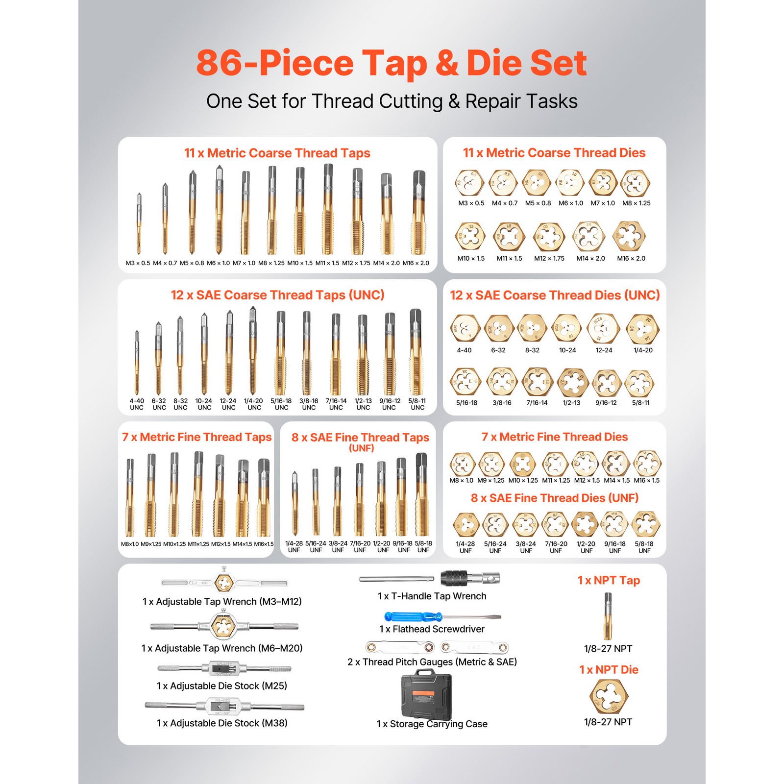 Uimoso 86-Piece Tap and Die Set for Threading with Metric and SAE Sizes