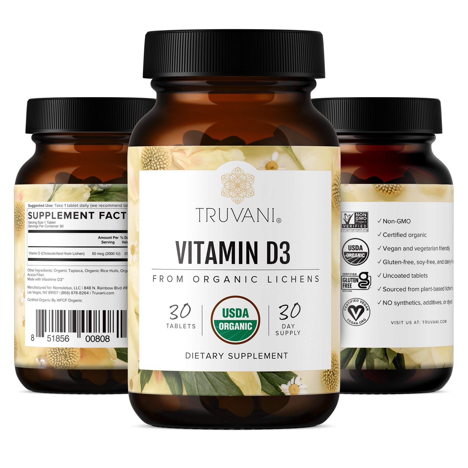 Truvani Organic Vitamin D3 - Plant-Based, USDA Organic, 30 Count (Pack of 1)