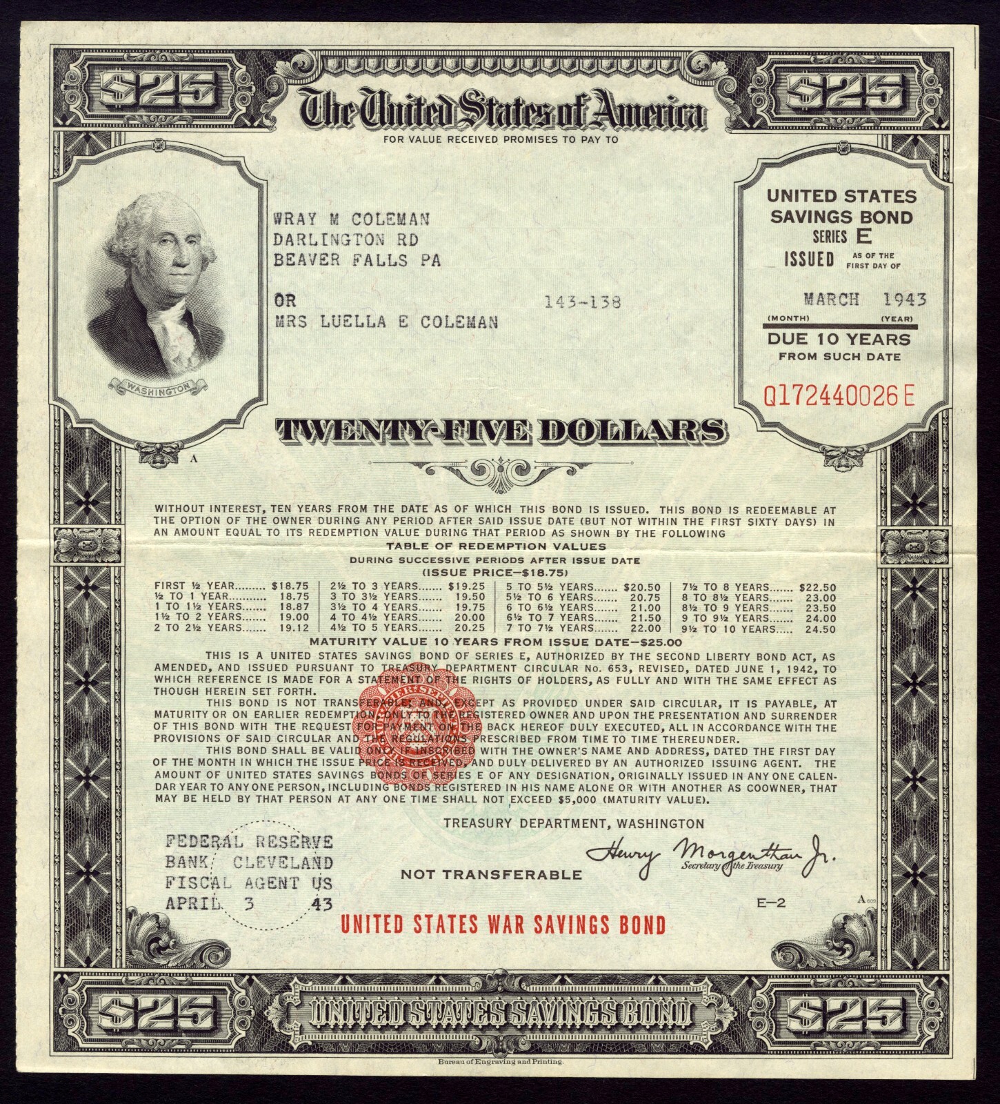 1943 $25 United States War Savings Bond Series E - Cleveland Federal Reserve VF