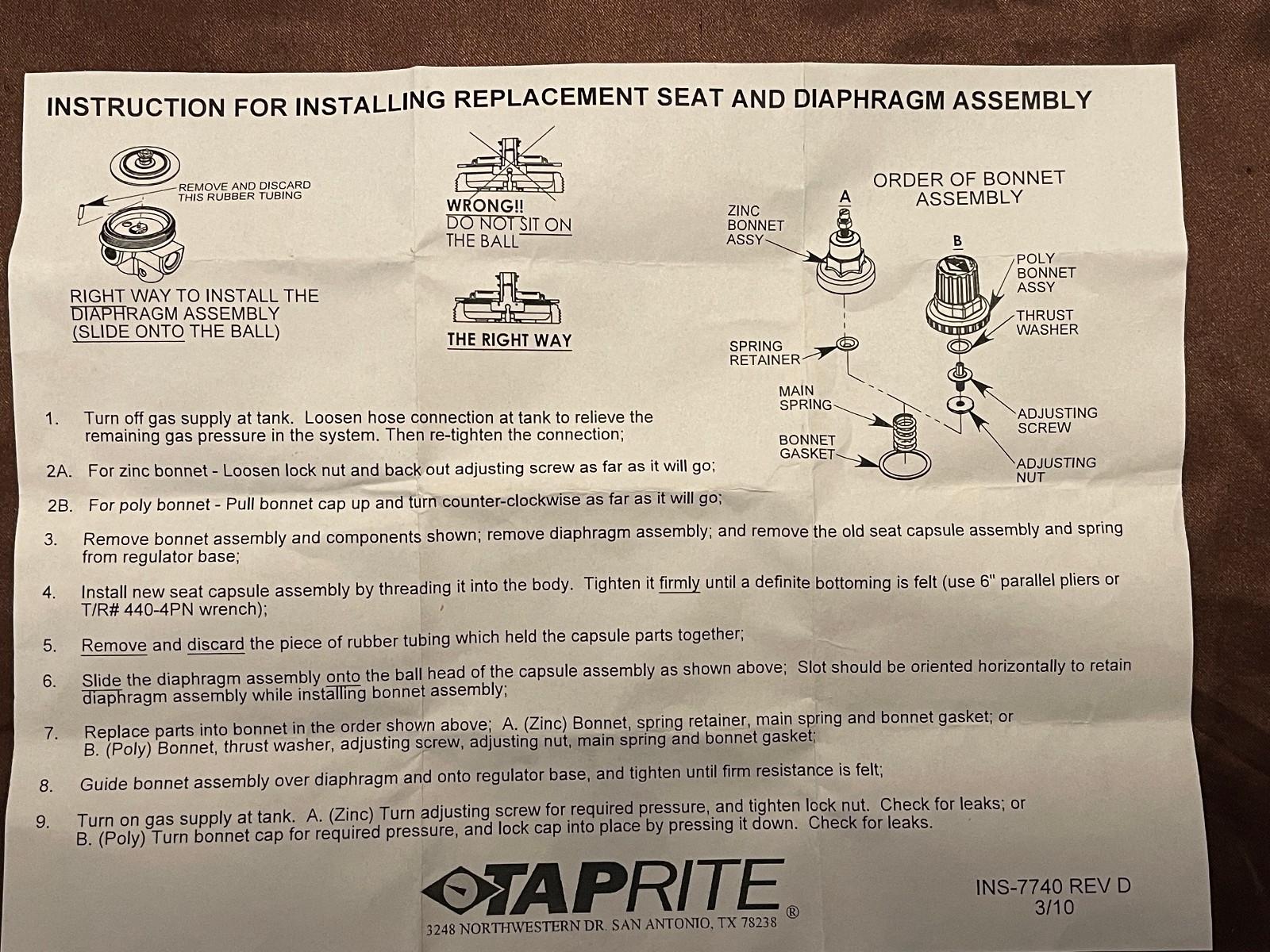 CO2 Regulator Taprite 7740 Repair Kit Capsule Seat & Diaphragm