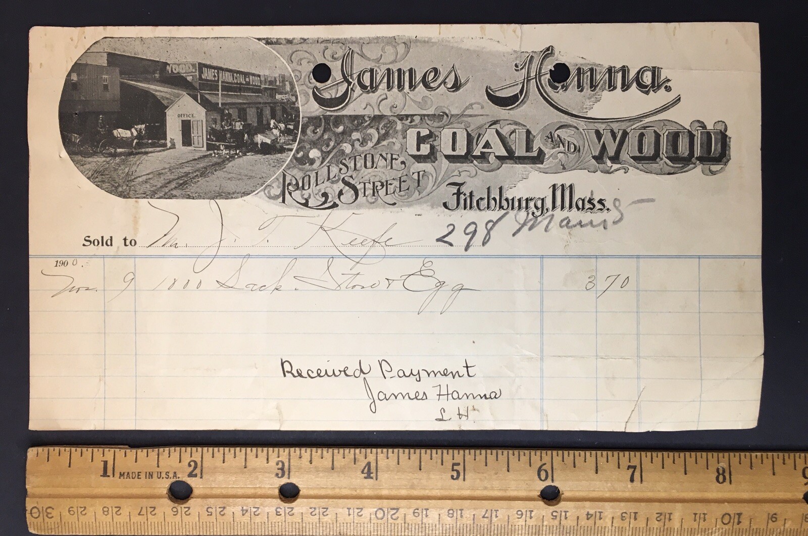 James Hanna Coal and Wool of All Kinds Antique Receipt of Payment Fitchburg MA