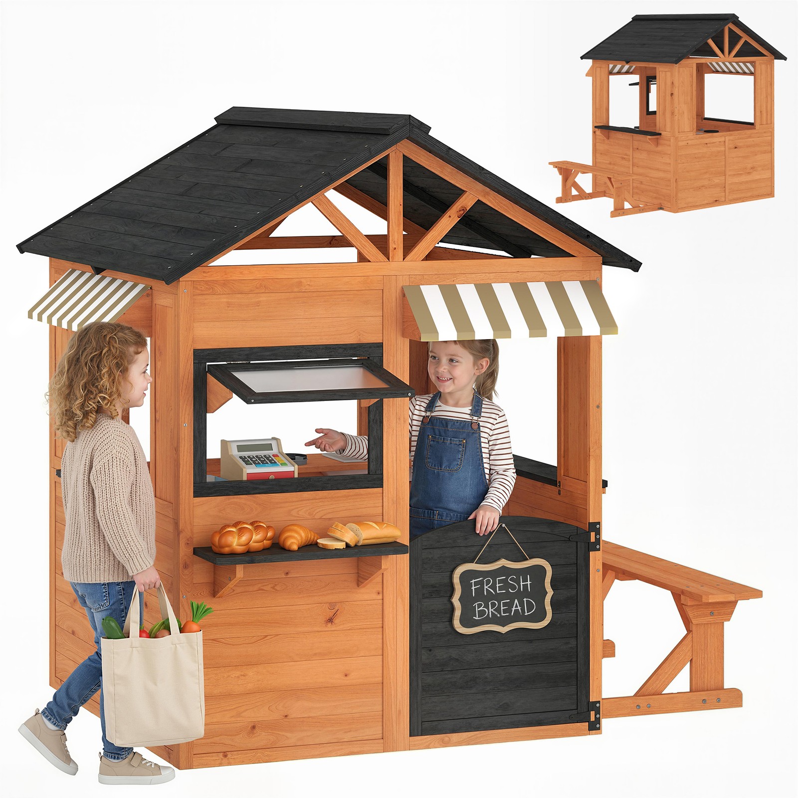 Qaba Outdoor Playhouse, Wooden Kids Playhouse with Play Kitchen and Bench