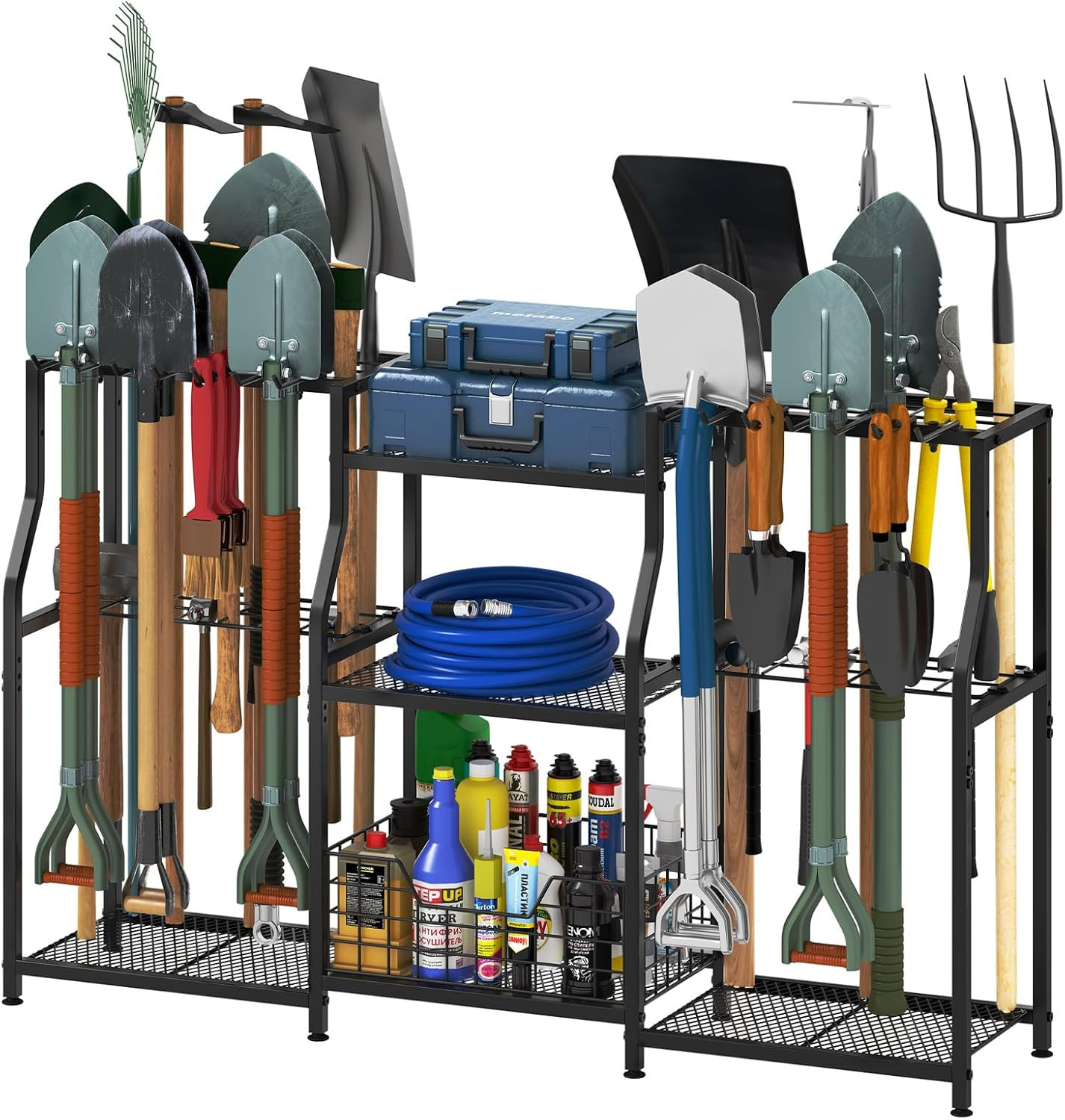 Heavy Duty Garden Tool Organizer Rack - 3 Tier Storage with Hooks