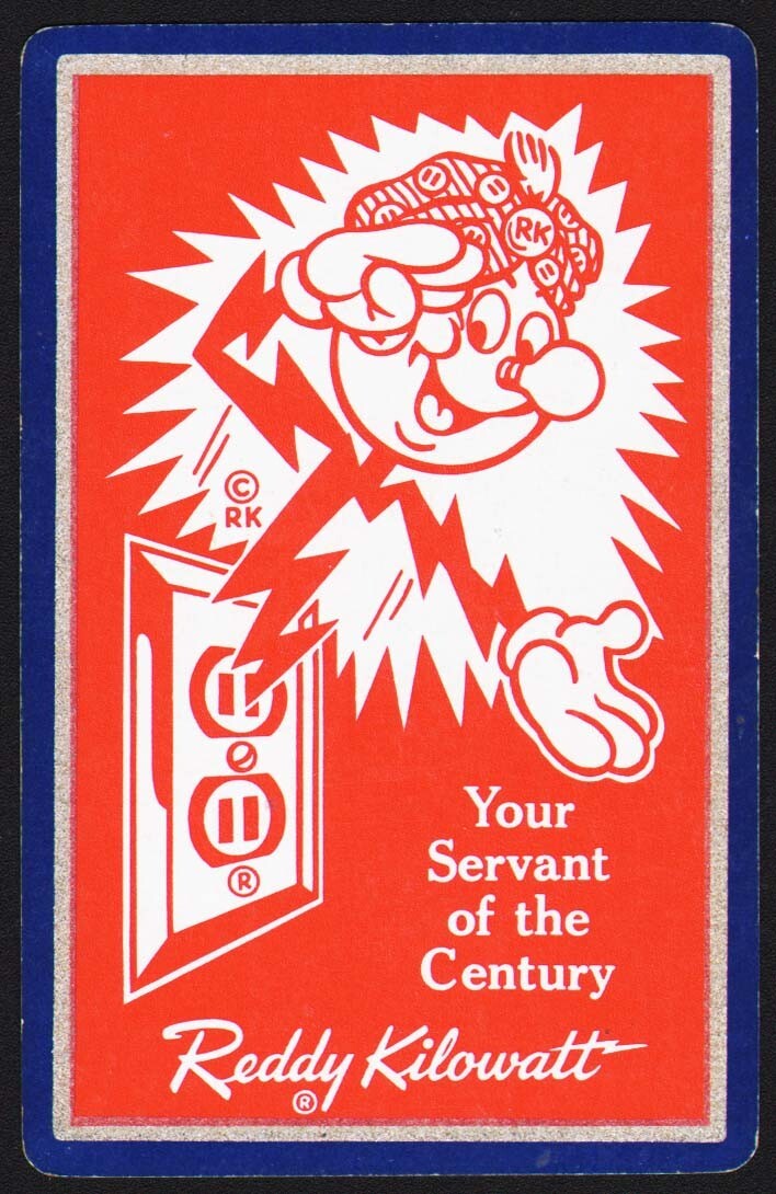 Vintage single playing card REDDY KILOWATT Your Servant of the Century red