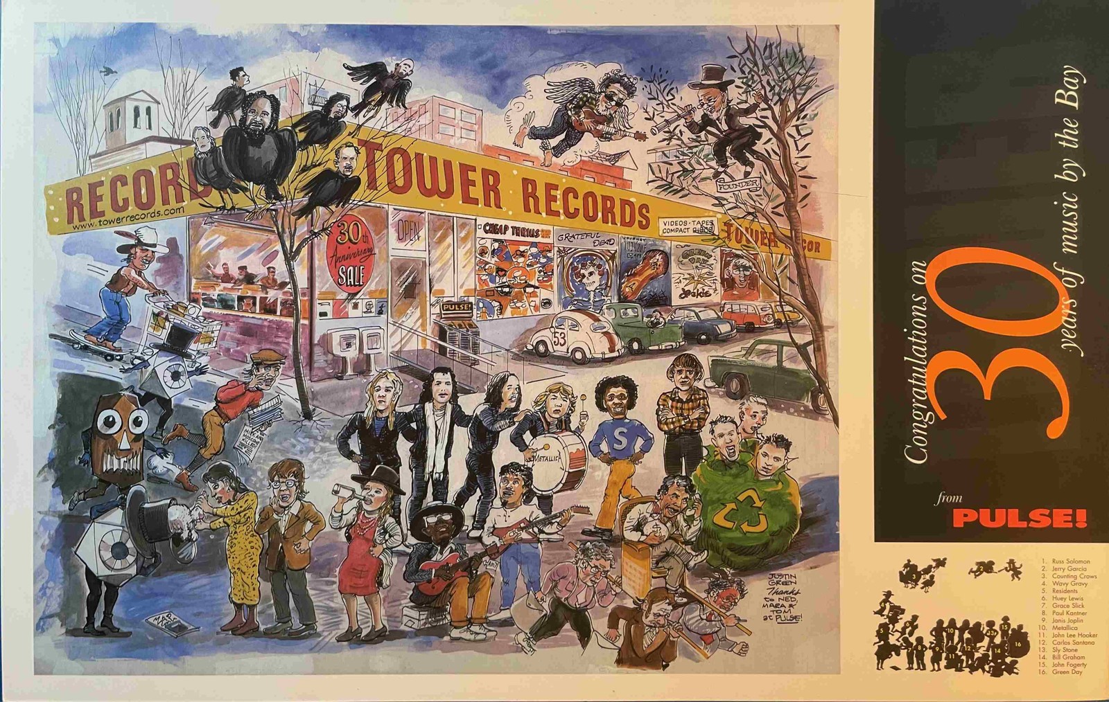 Tower Records San Fran Store 30th Poster by Justin Greene features SF Legends