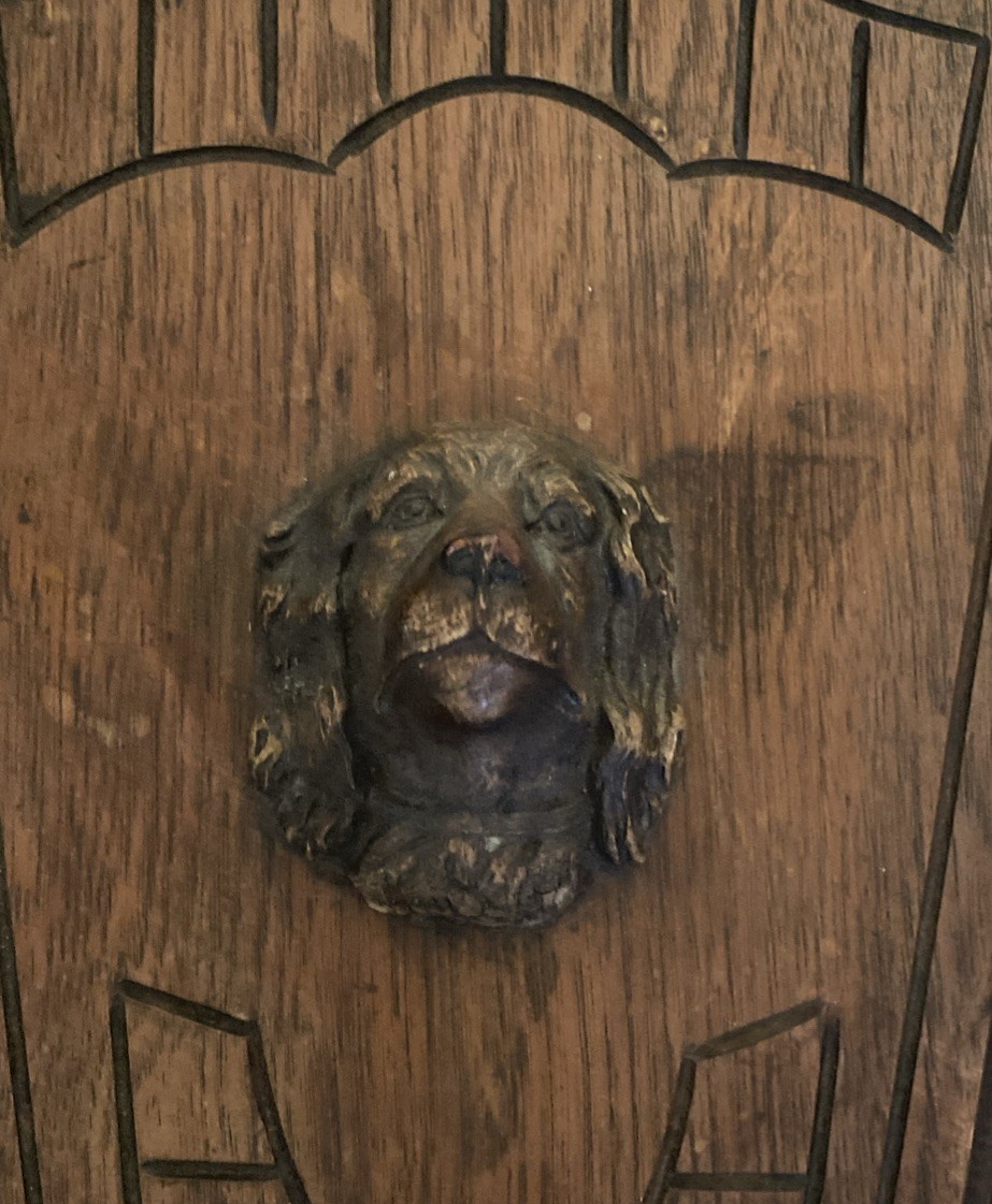 Antique Victorian Walnut Wall pocket Magazine Newspaper Rack Holder Spaniel Dog