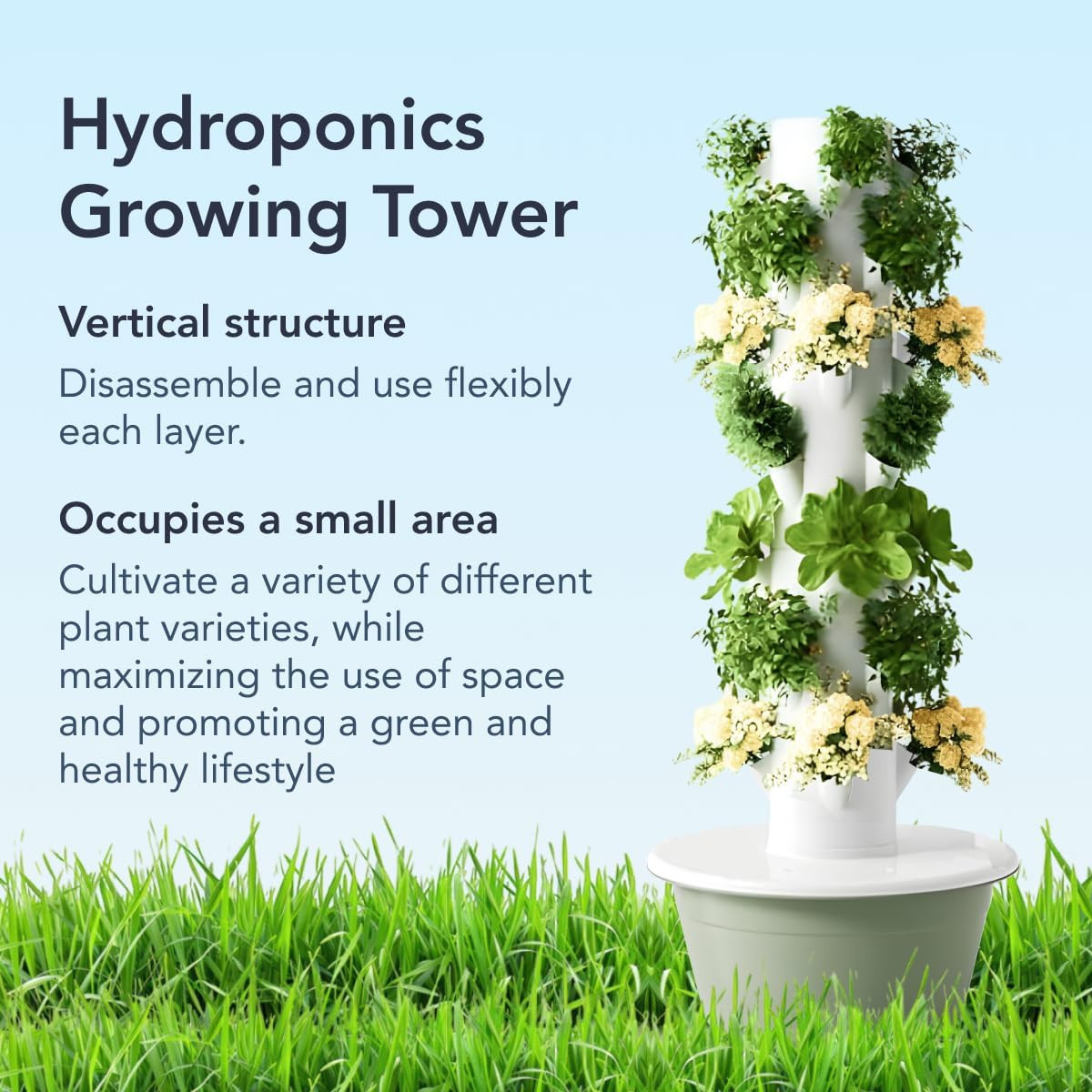 Indoor Hydroponic Garden Tower with LED Grow Lights - Self-Watering Hydroponics