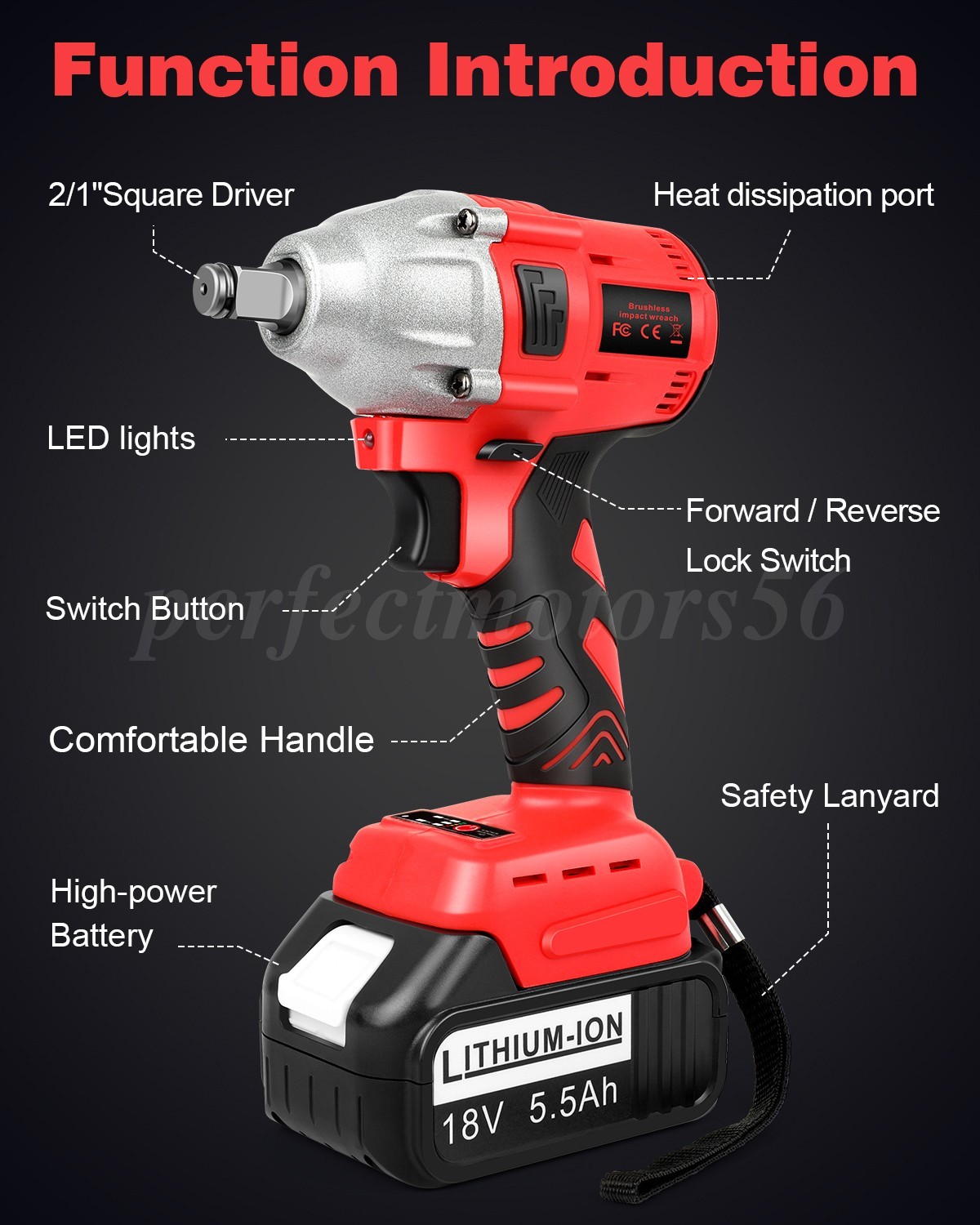 Electric Impact Wrench 1000Nm High Torque Impact Gun 1/2" Cordless Impact Wrench