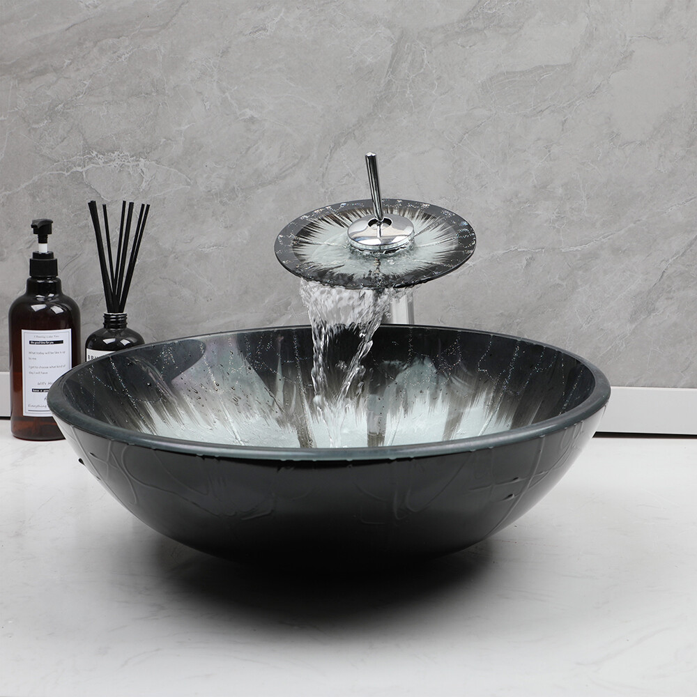 US Bathroom Vessel Sink Washing Round Tempered Glass Bowl Faucet Mixer Tap Combo