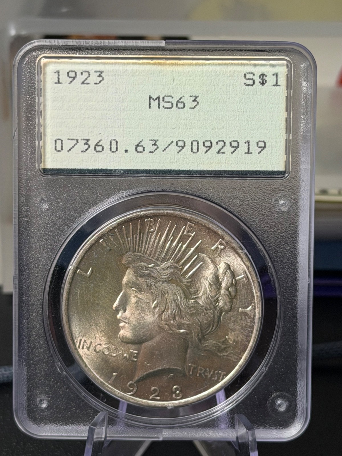 1923 Peace Dollar PCGS MS63 "Rattler Holder"