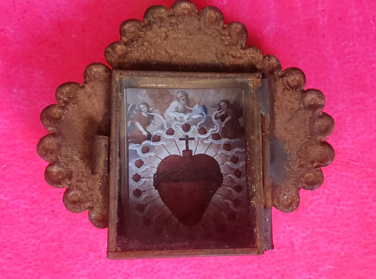 Rustic Mexican Flaming Sacred Heart Jesus Christ tin wall hanging nicho folk art