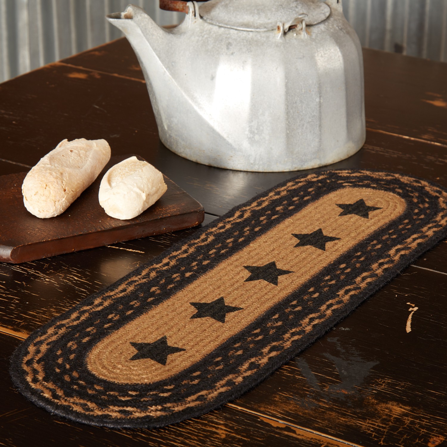 VHC Brands Table Runner Farmhouse Jute Primitive 8x24 Oval Stars Kitchen Decor