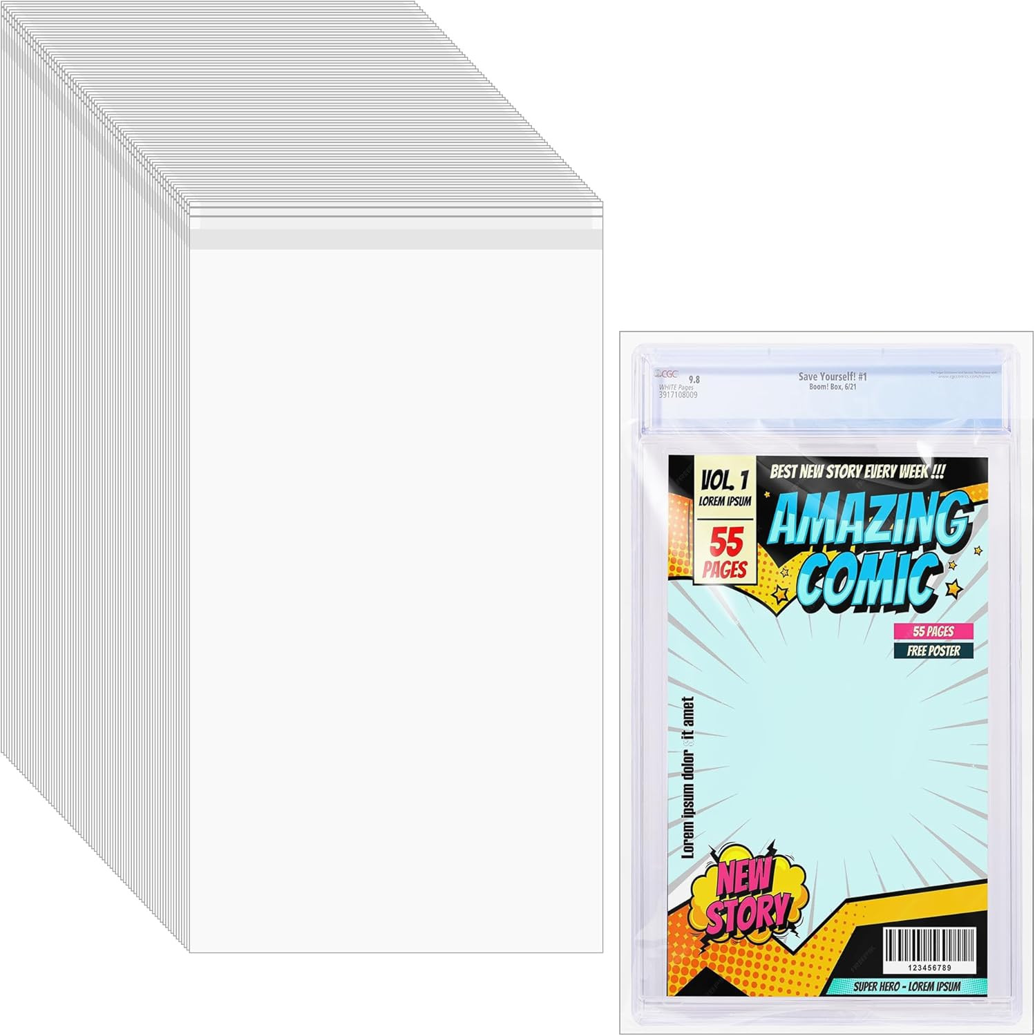 50 Pcs Resealable Graded Comic Book Bags,Clear Plastic Comic Sleeves for CGC and