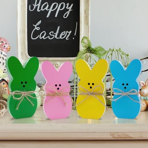 Easter Decorations 4PCS Easter Wooden Bunny Table Pink/Yellow/Blue/Green
