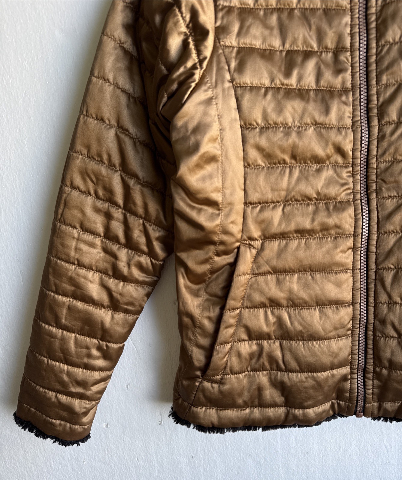 The North Face Girls Reversible Puffer Jacket Gold-Black Fleece Size Large 14/16