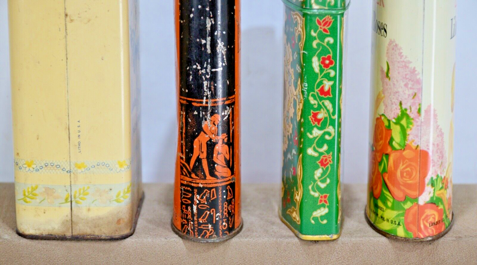Vintage Advertising Perfume Talcum Powder Tin Emeraude Coty, Egyptian + Lot of 4