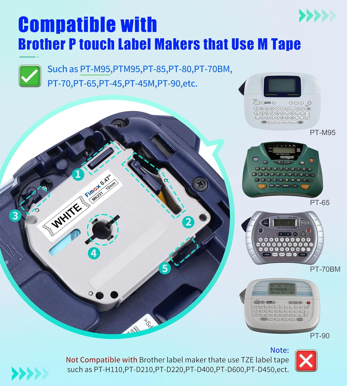 4pk Label Maker Tape 12mm 0.47 - fits Brother M-K231s P-Touch BLACK on WHITE