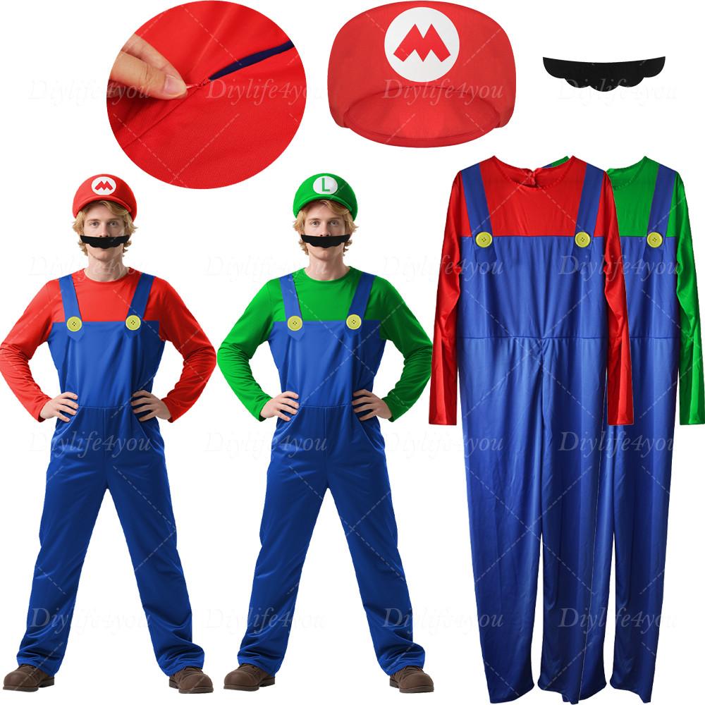 Halloween Super Mario Costume and Luigi Fancy Dress Plumber Bros Complete Set
