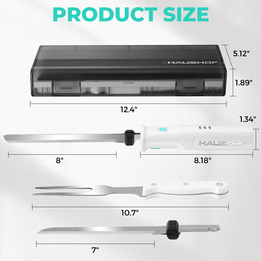 HAUSHOF 8V Cordless Electric Knife Set Meat Cutter Stainless Steel Blades w/Case