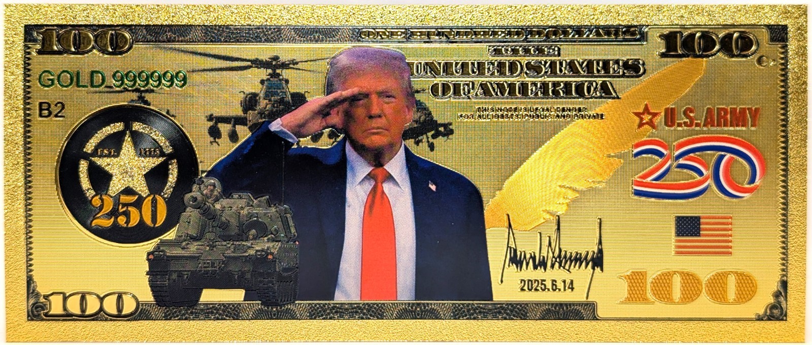 Donald Trump US Army 250th Anniversary $100 24K Gold Foil Plated Note Bill XX124