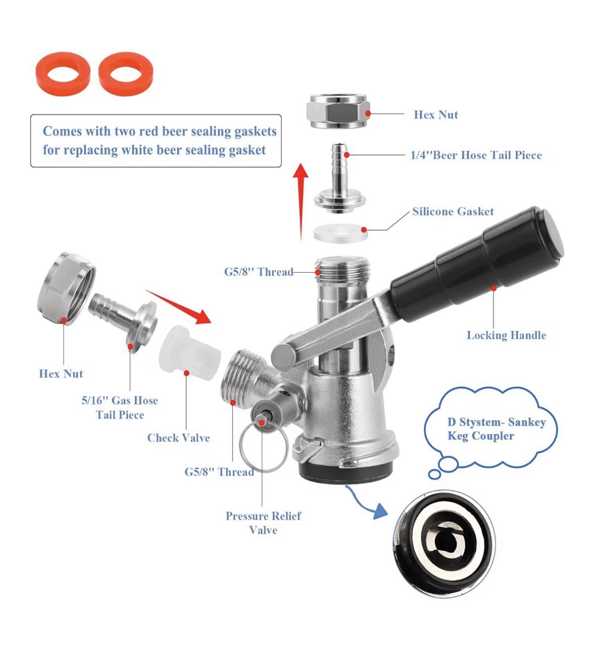 Keg Coupler for Sankey D System Beer Keg Tap Dispenser-304 Stainless Steel Probe