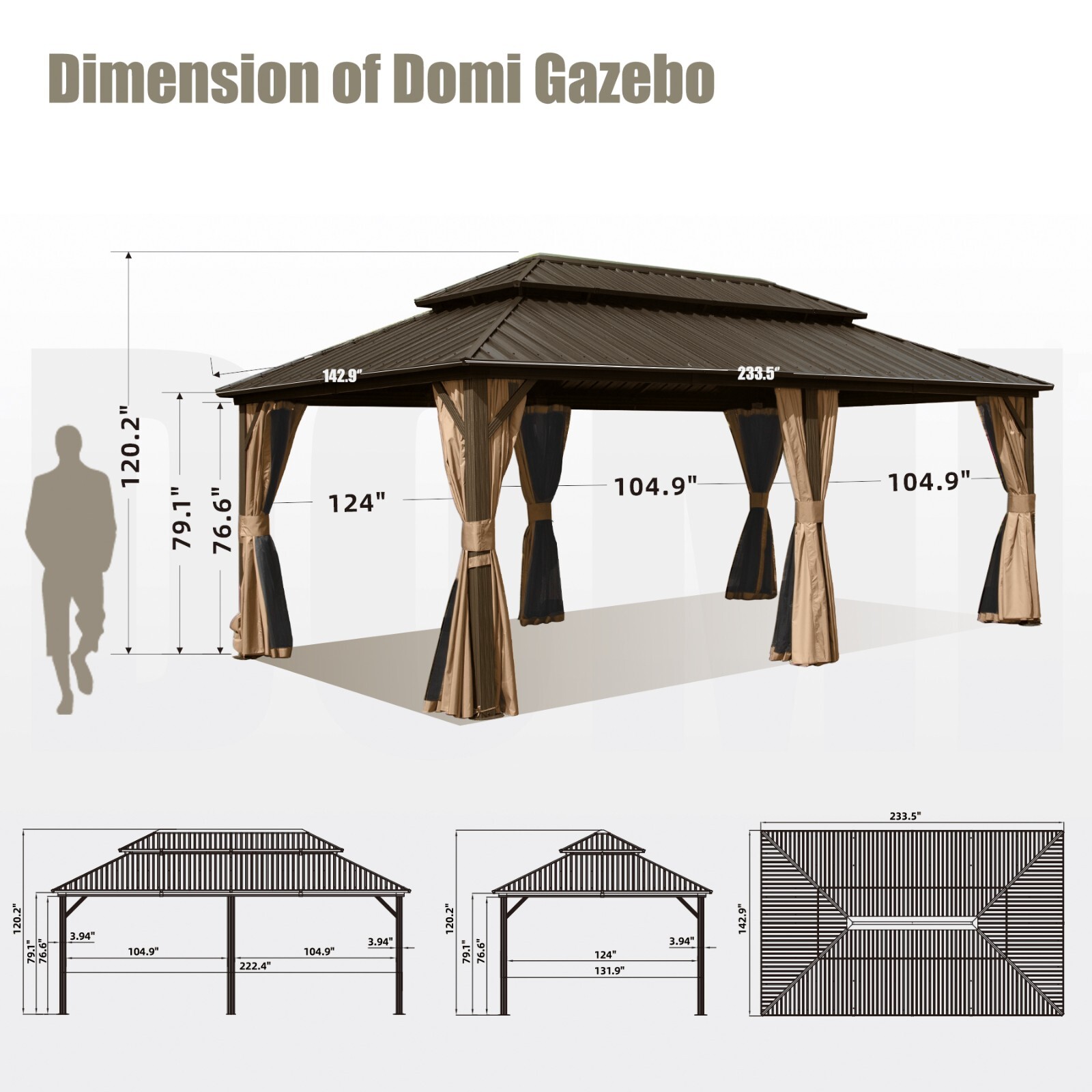 Domi 12' x 20' Hardtop Gazebo Outdoor Aluminum Gazebo Brown