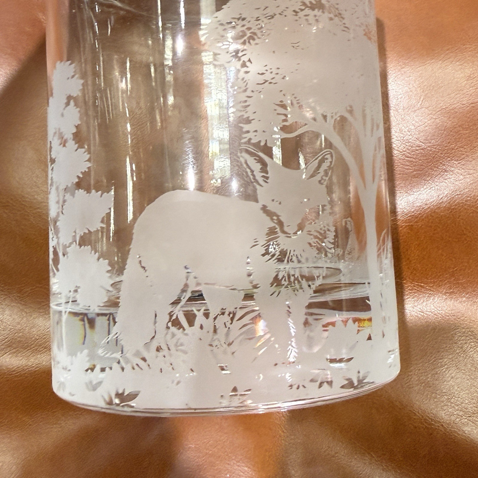 POTTERY BARN Fantastical Forest Glass Decanter 4.5" X 10" ~ BEAR, FOX, QUAIL