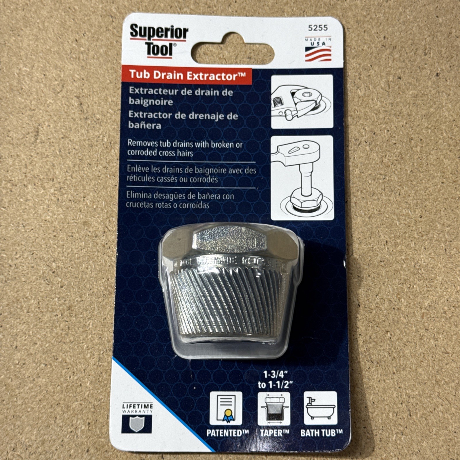 Superior Tool 05255 Steel Gold Plate Finish Tub Drain Extractor 1-1/2 L in.