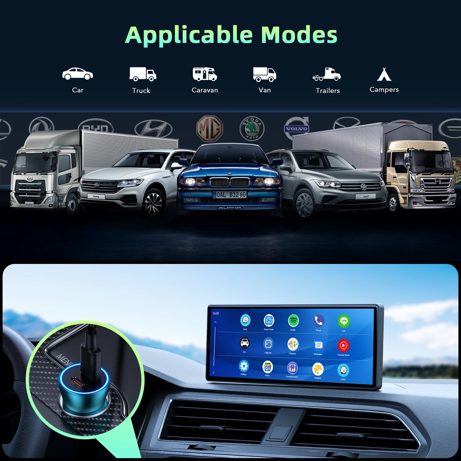 10.26" Portable Car Wireless Apple CarPlay Android Auto FM Touch Screen Radio
