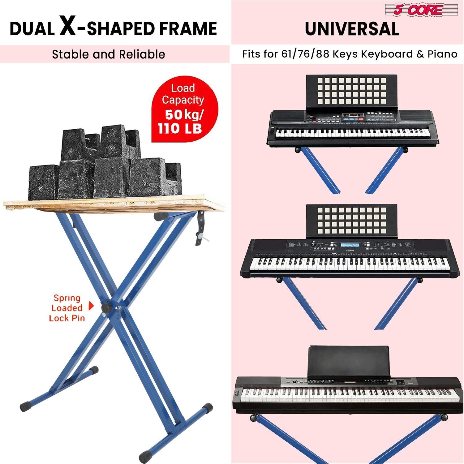 5Core Keyboard Stand Double X Style Adjustable Lift Piano Riser For 49 - 88 Keys