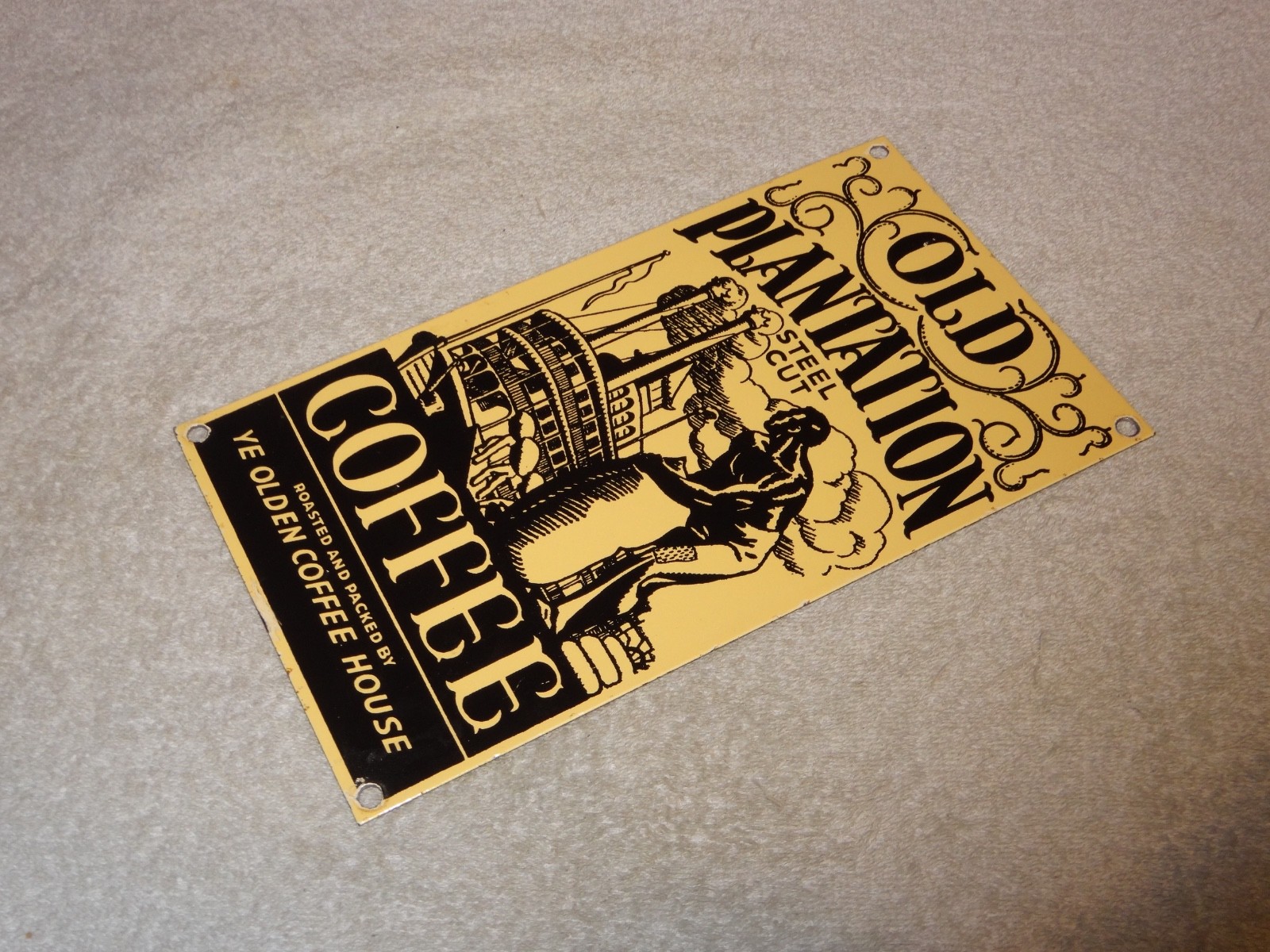 VINTAGE OLD PLANTATION COFFEE W/ PADDLE BOAT 10.5" PORCELAIN METAL GASOLINE SIGN