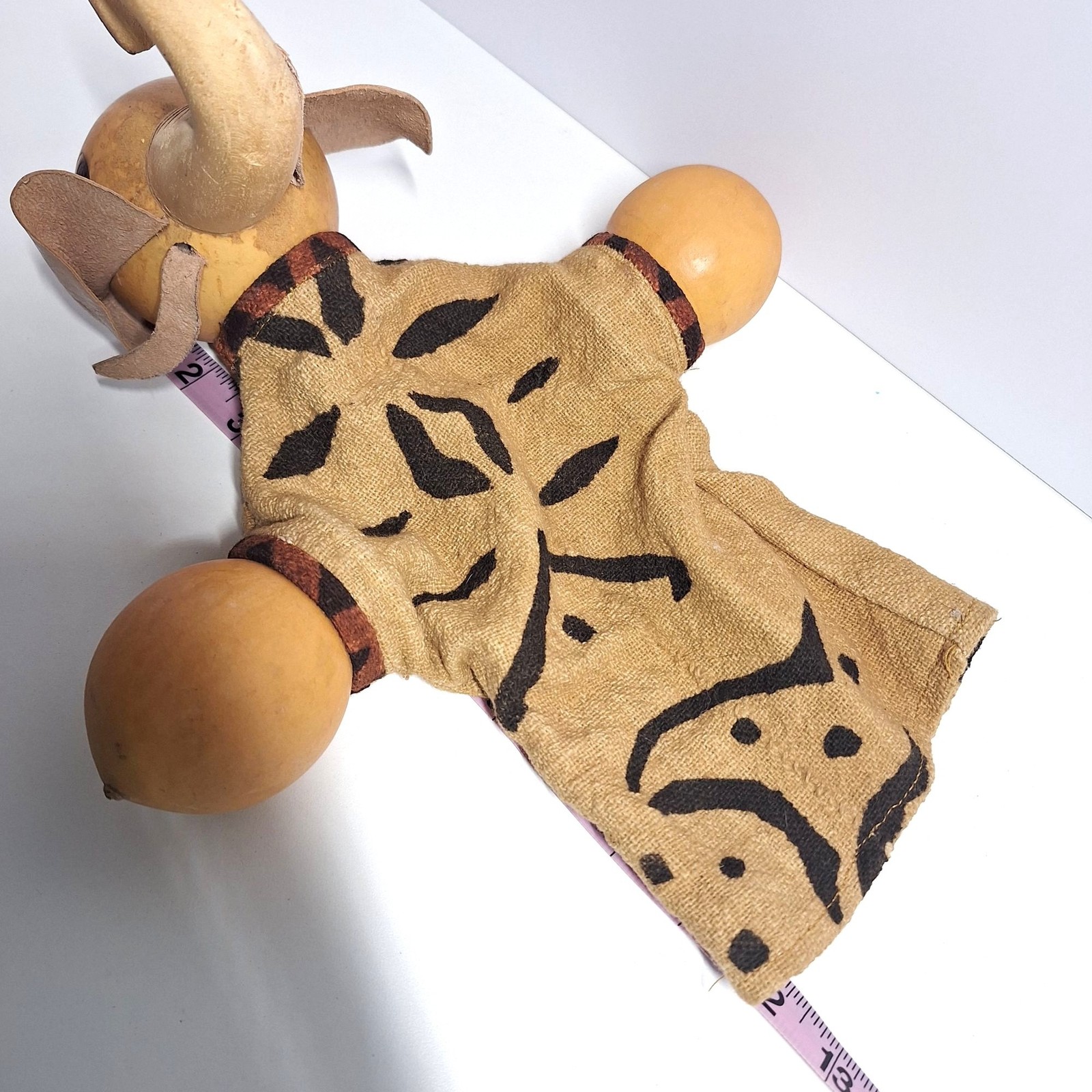 African Elephant Gourd Puppet Leather Handmade Ears Tusks Tribal Fabric READ