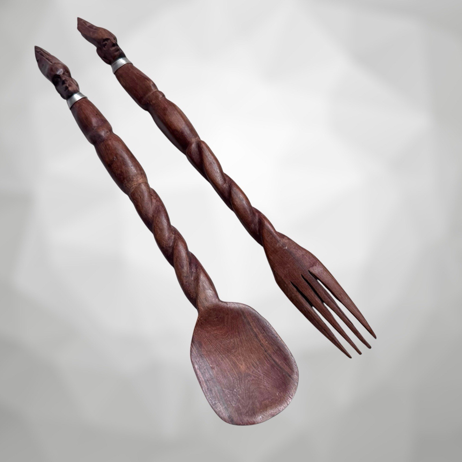 Vintage African Hand-Carved Wooden Large Spoon & Fork Set 14" Tribal Decor