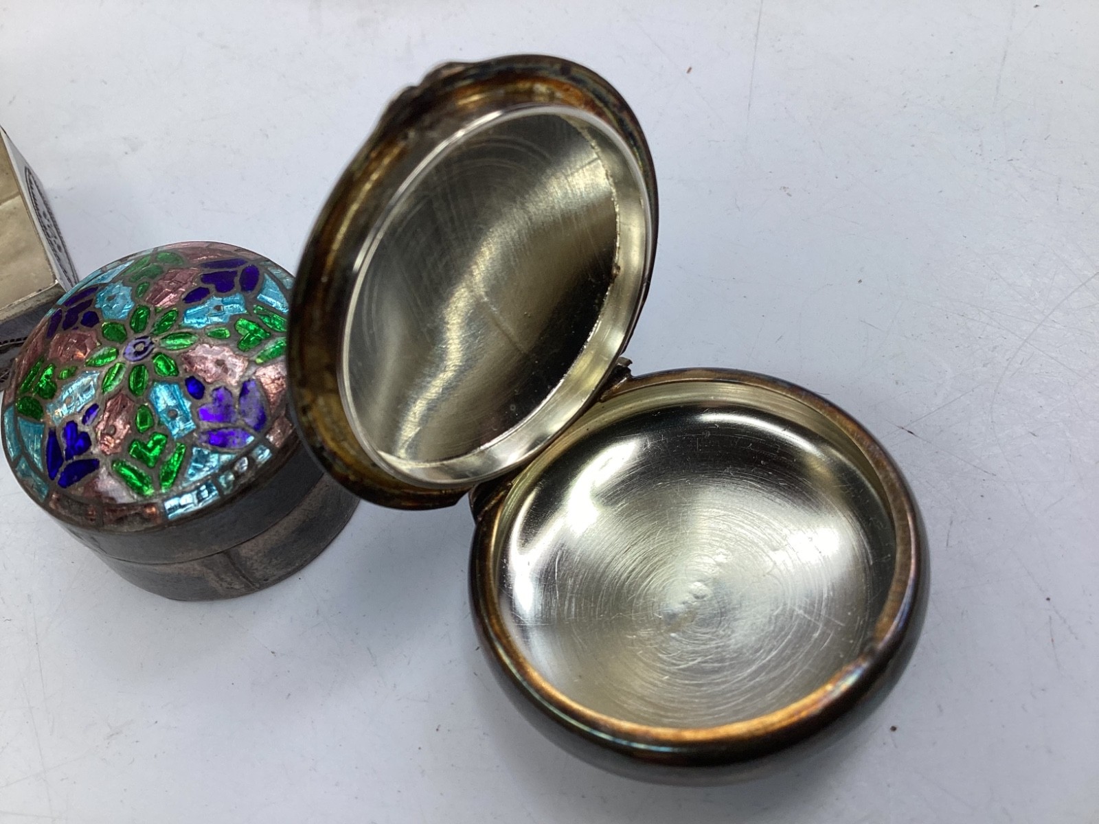 4 Vintage Engraved Sterling Silver Rectangle Pill Box,cloisonné, wood inlay+(B3)