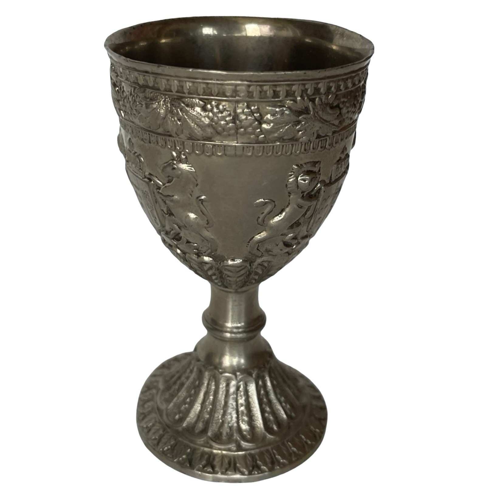 Wine Cordial Goblet Shot Glass Coat Of Arms Grape Lion Unicorn Silver Plate 3.5”