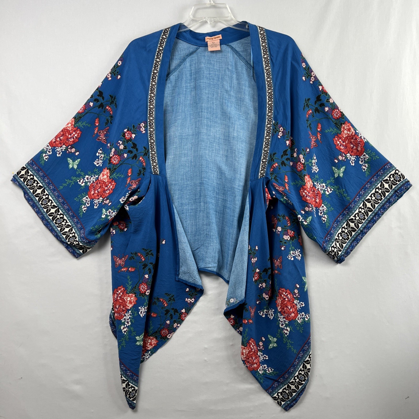 Floral Print Kimono Flying Tomato sz M/L Blue Red Bohemian Festival Coastal Core