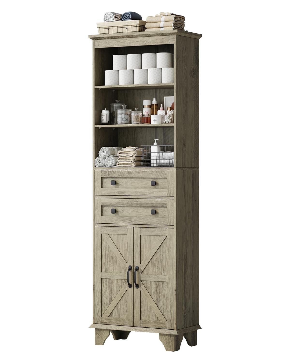 72" Farmhouse Storage Cabinet,Tall w/ 2Drawers,Adjustable Shelves and Barn Door