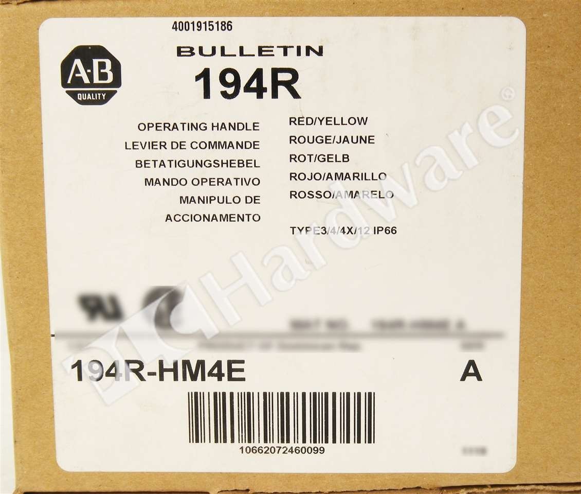 Surplus Open Allen Bradley 194R-HM4E /A 194R Red/Yellow IP66 Operating Handle