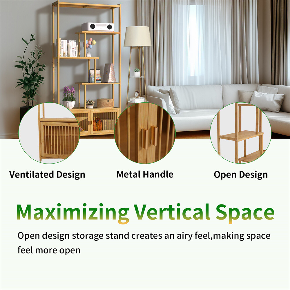 Bamboo 6-tier Storage Rack Blind Door Cabinet Staggered Shelf Etagere Bookcase