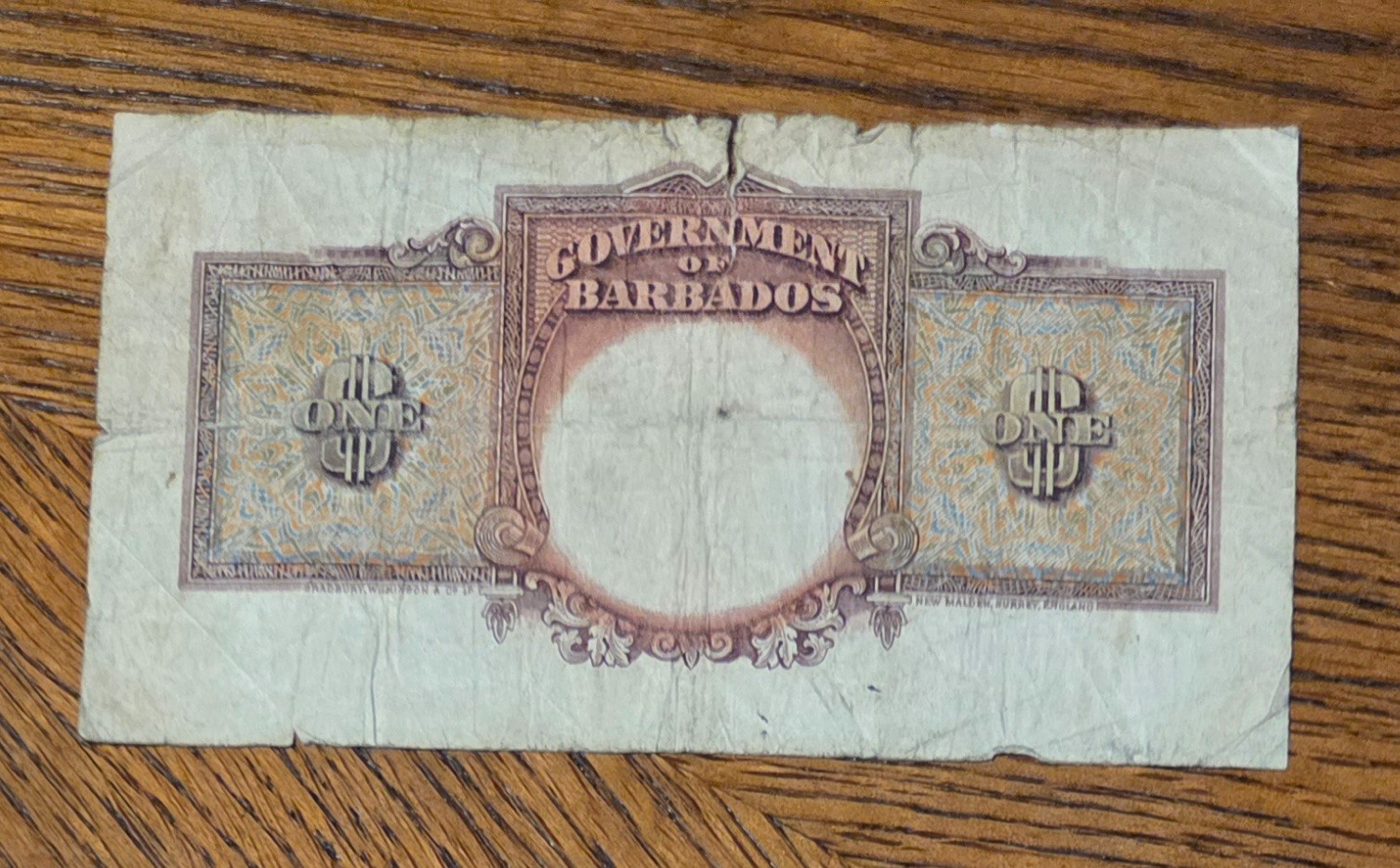 Barbados vintage vintage Banknote, 1 dollar 1939, KGVI. Used, Rare.