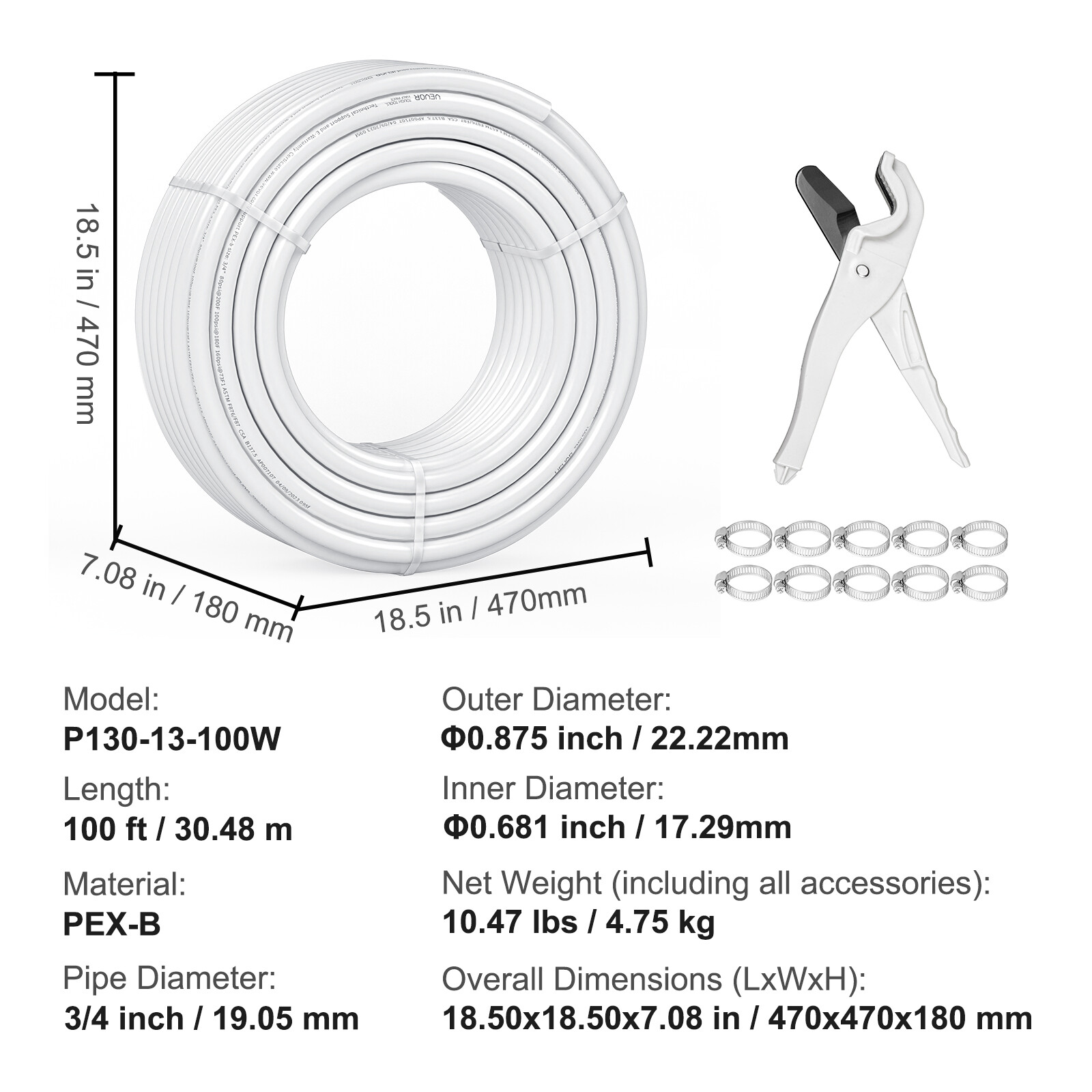 VEVOR 3/4” x 100ft White PEX-B Tubing/Pipe for Potable Water with Pipe Cutter