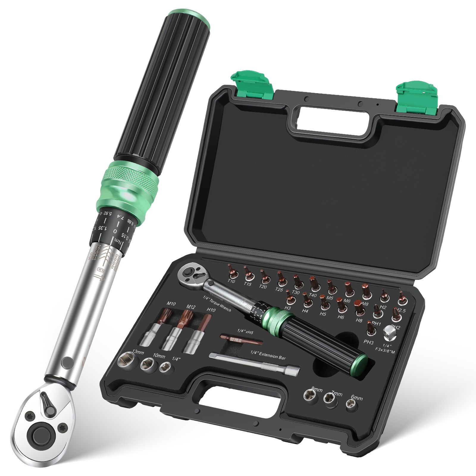 32 PCS 1/4" Drive Bike Bicycle 2.5-20NM Torque Wrench Spanner Tools W/ Hex Bits