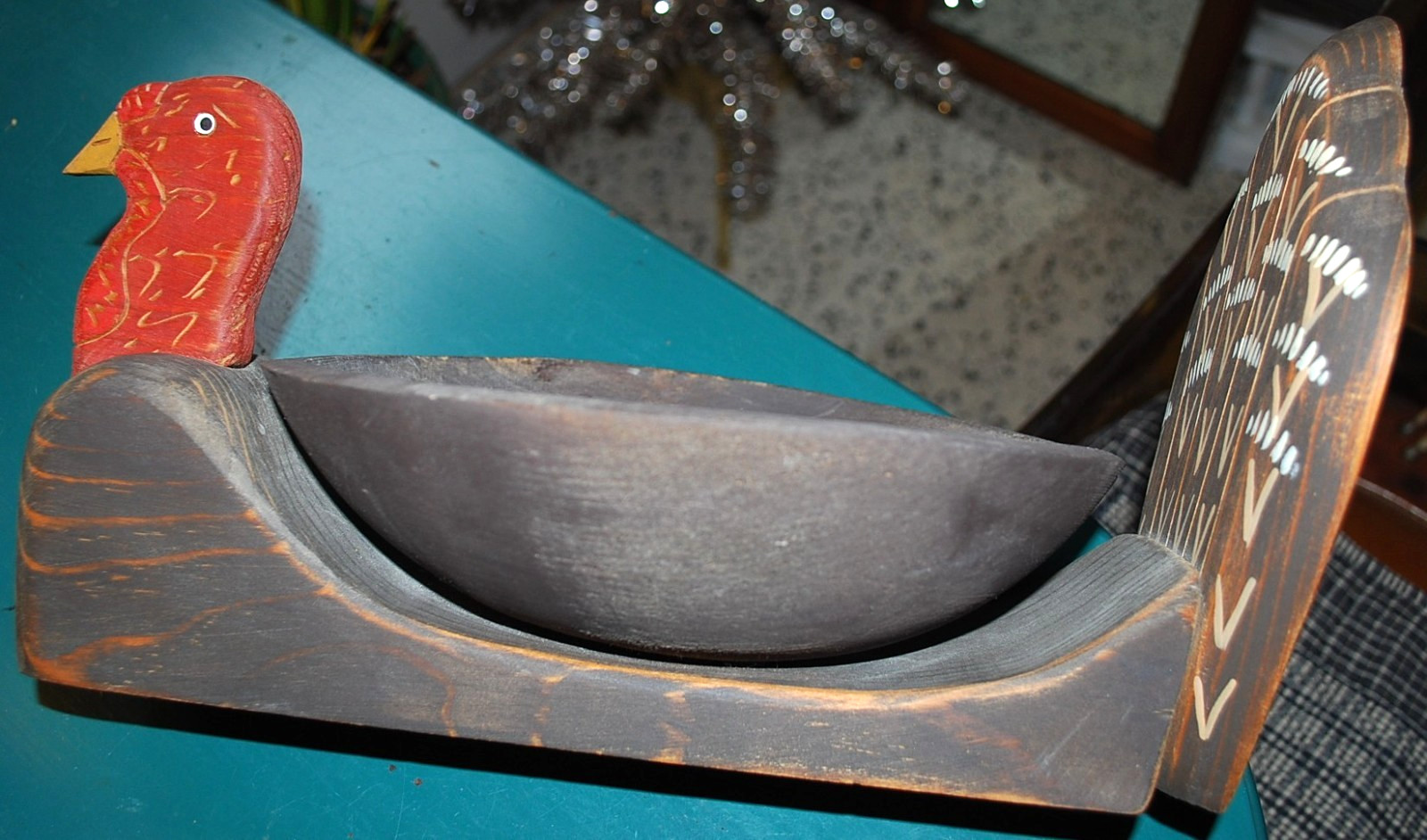 Vtg Hand Carved WOODEN TURKEY BOWL Painted FOLK ART Thanksgiving Centerpiece 14"