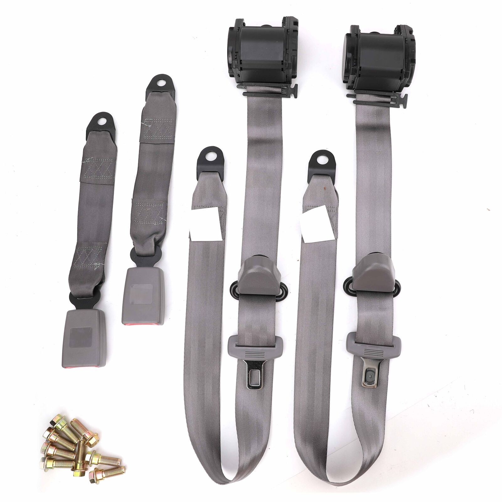 2 Retractable 3 Point Safety Gray Seat Belt Straps Vehicle Adjustable Belt Kit