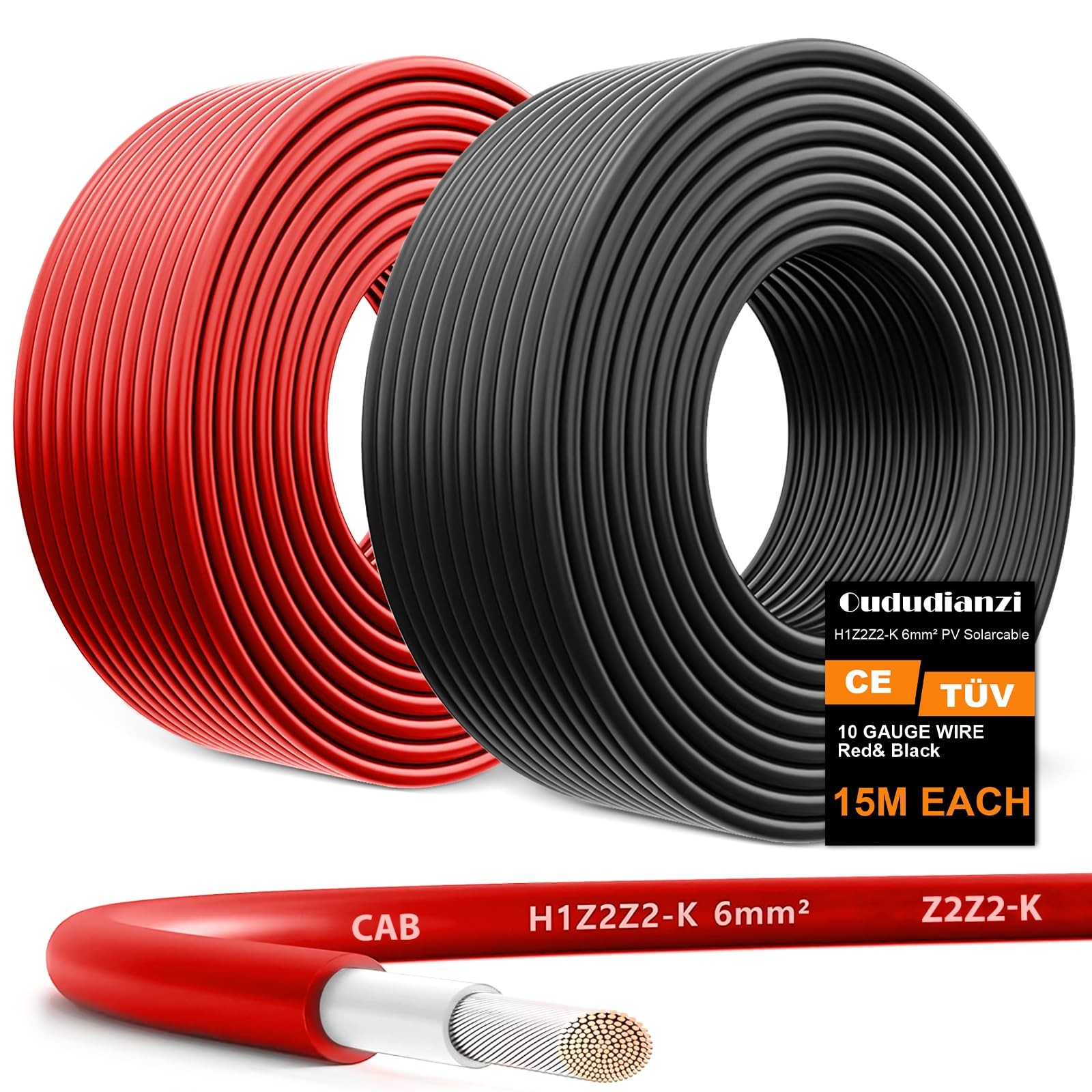 Oududianzi 2x50 Feet Solar Panel Wire, 10AWG 50FT R&B 10AWG, Black Red